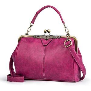 Women's Rose PU Leather Soft Kiss Lock Vintage Top Handle Crossbody Satchel Bag